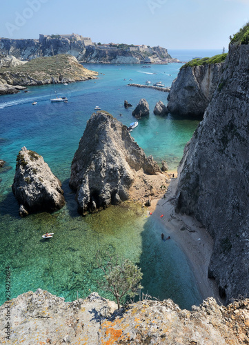 Puglia, Italy, August 2018, a seascape of Tremiti archipelago with Pagliai cliffs in San Domino island and San Nicola island in the background