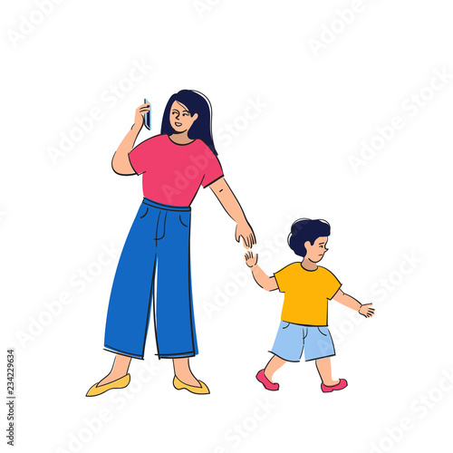 Busy parents with mobile smartphones. Children want attention from adults.