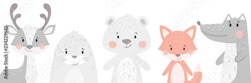 Naklejka na ścianę Zestaw zimowy dla renifera, szopa, foki, wilka, pingwina, niedźwiedzia, lisa. Ładna ilustracja zwierząt