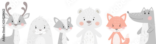 Canvas Print Reindeer, raccoon, seal, wolf, penguin, bear, fox baby winter set