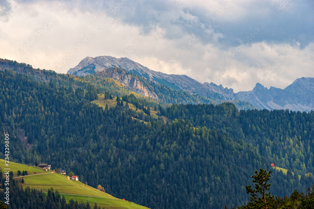 Colorful scenic view of majestic Dolomites mountains in Italian Alps.