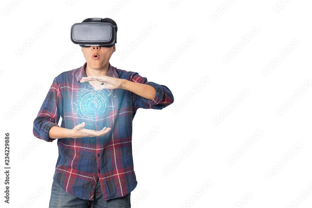 Asian man in plaid shirt wearing vr of digital technology virtual, headset, looking media movie Isolated white background Asian man in plaid shirt wearing vr of digital technology virtual, headset, looking media movie Isolated white background