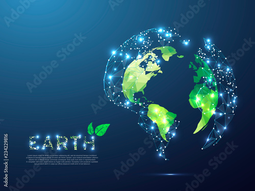 Fototapeta Naklejka Na Ścianę i Meble -  Green ECO planet Earth view from space. Low poly 3d illustration. Vector polygonal Ozone shield in the form of Globe with starry sky, consisting of points, lines, and shapes