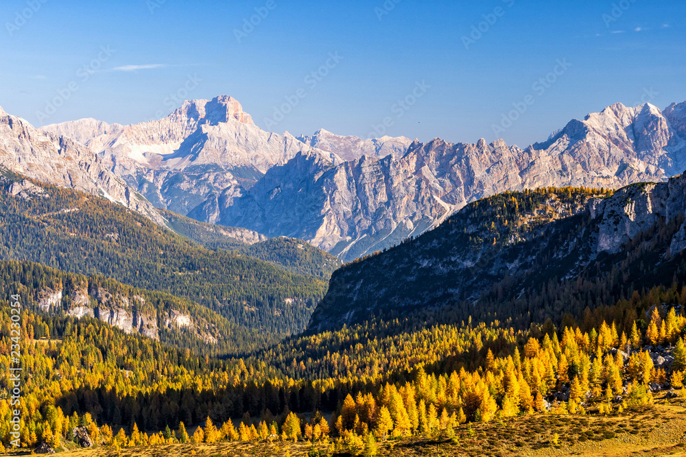 Colorful scenic view of majestic Dolomites mountains in Italian Alps.