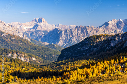 Colorful scenic view of majestic Dolomites mountains in Italian Alps.
