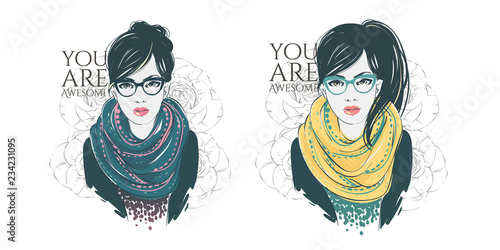Beautiful hipster young women in a fashion jacket with scarf and glasses. Vector hand drawn illustration.