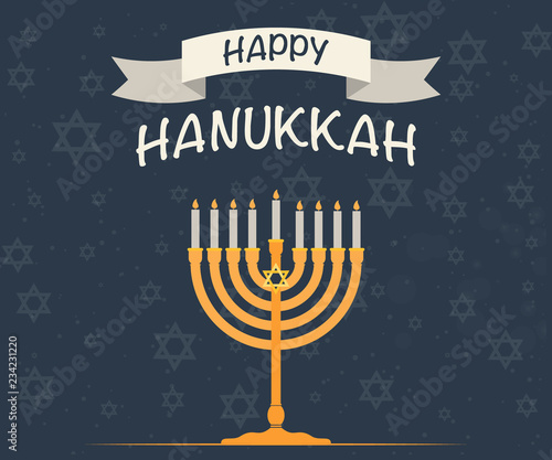 Happy Hanukkah Shining Background with Menorah. Golden, beige and turquose colors.David Star