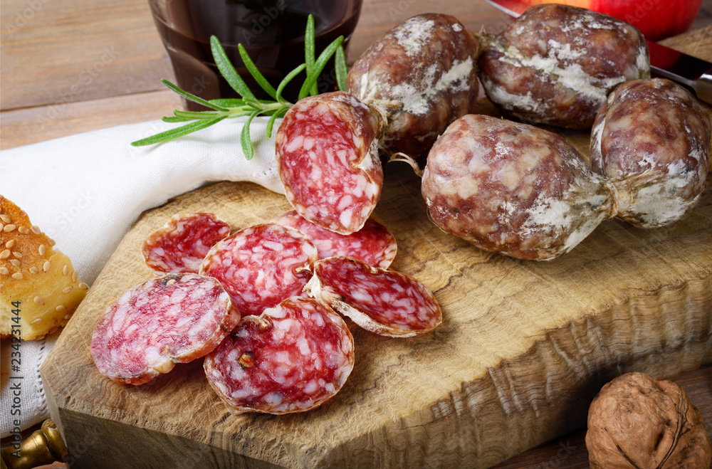 Small salami. Rustic italian snack Small salami. Rustic italian snack