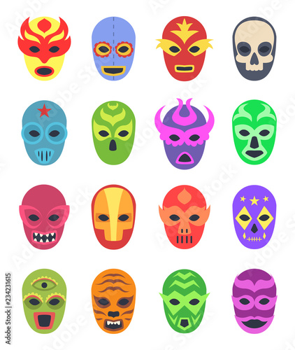 Wrestler masks. Mexican martial fighters sport clothes colored lucha libre masked vector collection. Illustration of wrestler mask, mexico entertainment culture