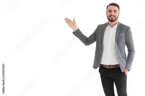 Caucasian businessman presentation smiling posture isolated on white background.