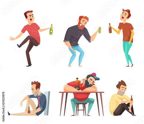 Addiction alcoholic. Addict peoples alcoholism and drugs drinking person beer vodka whiskey abuse vector characters isolated. Alcoholic man addict, person with drink illustration
