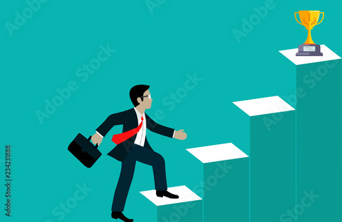 Businessmen walk up the stairs go to the target. step up the ladder to business success. and progress in the job. creative idea. leadership. cartoon vector illustration