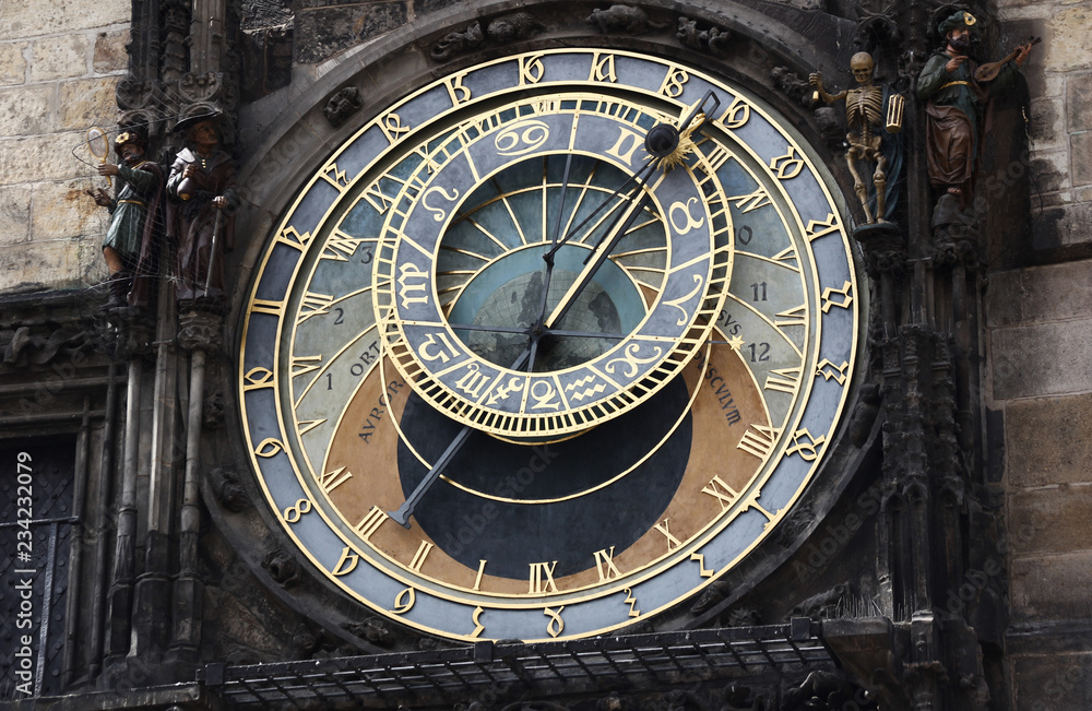 Detail of Historical Medieval Astronomical Clock in Prague on Old Town Hall , Czech Republic.