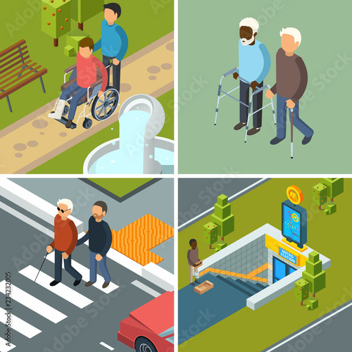 Disability in city. Urban healthcare invalids wheelchairs walkers crutches equipment and helpers persons vector concept isometric pictures. Illustration of invalid people in city, person wheelchair