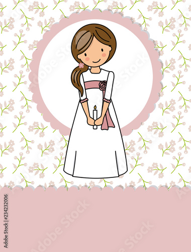 my first communion girl. Little girl in a communion dress, a candle and flower background