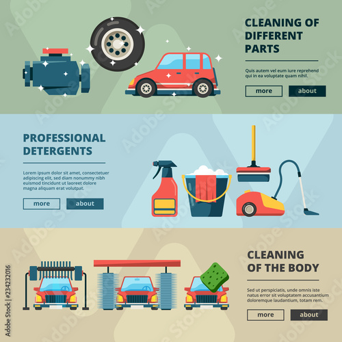 Car wash banners. Cleaning service water bucket and wiping sponge vector concept pictures. Illustration of carwash station, car service web banner