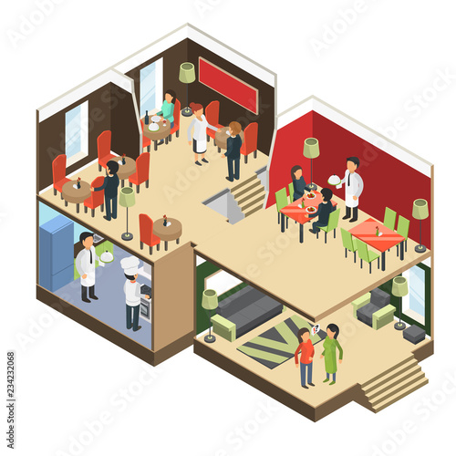 Restaurant interior. Isometric bar cafe buffet building with eatting guests vector 3d pictures. Illustration of building isometric restaurant  interior cafe