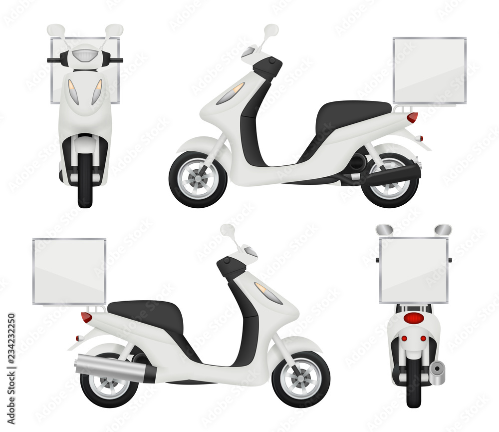 Moto bike realistic. Views of scooter for delivery service auto top side  back vector 3d transport isolated. Scooter urban transport, speed drive  transportation illustration vector de Stock | Adobe Stock