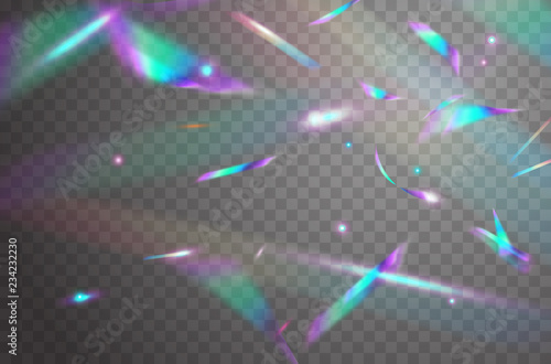 Holographic falling confetti isolated on transparent background. Rainbow iridescent overlay texture. Vector festive foil hologram tinsel with bokeh light effect and glare glitter.