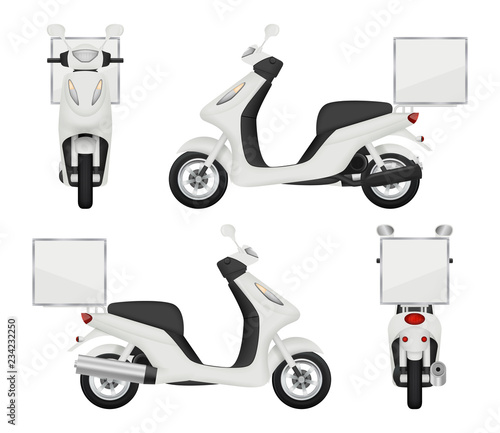 Moto bike realistic. Views of scooter for delivery service auto top side back vector 3d transport isolated. Scooter urban transport, speed drive transportation illustration
