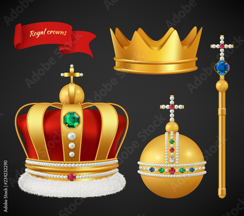 Royal crowns. Luxury premium medieval gold symbols of monarchy scepter antique diadem diamonds and jewels vector realistic pictures. Royal medieval golden crown, monarchy authority symbol illustration