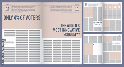 Magazine template. Advertisement brochure pages layout cover photo and place area for text vector design mockup. Magazine page with photo and text illustration