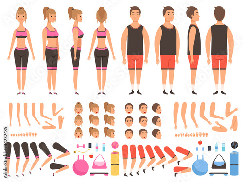 Sport people animation. Fitness male and female workout mascots body parts vector creation kit. Illustration of people girl and boy body, trainer creation man and woman physical strong