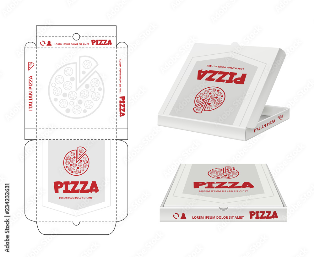 Pizza box design. Unwrap fastfood pizza package realistic template business  identity vector. Pizza box, package brand restaurant illustration Stock  Vector | Adobe Stock