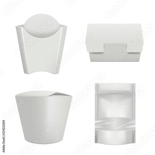 Packages for food. Plastic containers for delivery coffee cup hamburger or sandwich bag cardboard box vector mockup realistic. Container bag for food, paper package illustration