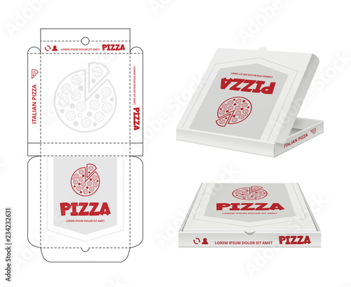 Pizza box design. Unwrap fastfood pizza package realistic template business identity vector. Pizza box, package brand restaurant illustration