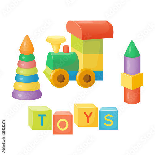 wooden toy train and cubes isolated on white background