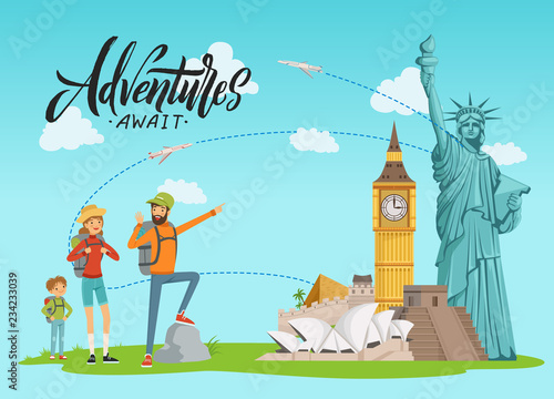 Vector concept illustration with world sights and happy family painting on them with lettering and clouds. Family travel and vacation trip