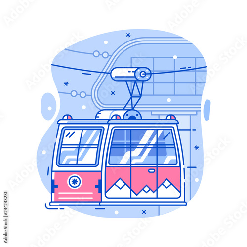 Red cable car in flat design. Electric ski lift or gondola icon in line art. Winter funicular illustration. Mountain ski resort cableway concept.