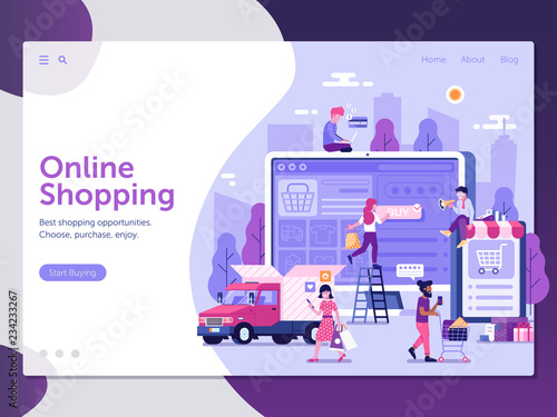 Online shopping landing page with customers buying and making order. E-commerce advertising web banner with people shopping on the internet. Digital store concept UI illustration in flat design.