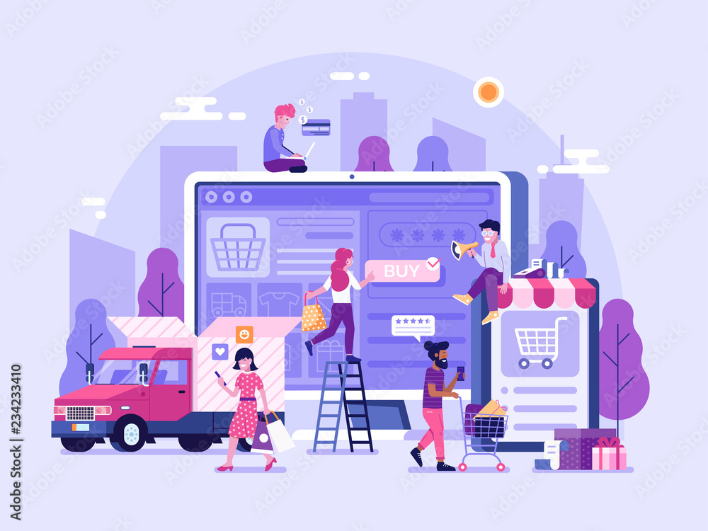 People shopping online concept with happy customers buying and making payments with smartphones. Internet digital store banner with man and woman on shopping. E-commerce advertising illustration.