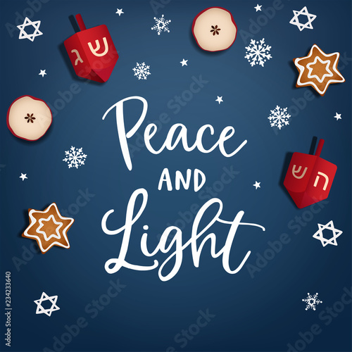 Hanukkah, Jewish Festival of light. greeting card, invitation. Hand lettered Peace and Light tex. Chalk David stars, falling snowflakes, apples and dreidel toys. Modern vector illustration background.
