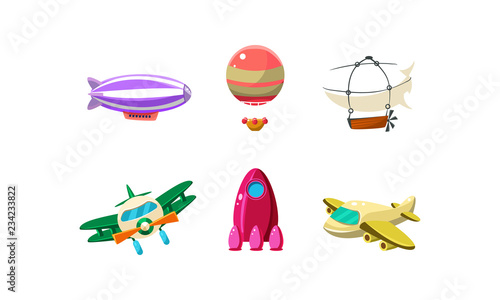 Cute cartoon aircrafts bright colors set, blimp, biplane, rocket, hot air balloon vector Illustration on a white background