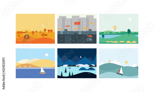 Natural landscape set, beautiful scenes of nature, winter, spring, summer, autumn horizontal nature backgrounds vector Illustration