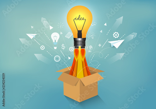 lightbulb ejected from box brown isolated from blue background. startup business success concept. think outside the box. creative idea. leadership. cartoon vector illustration