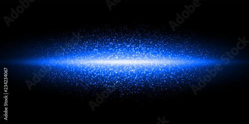Blue neon light flash, glitter dust particles burst background. Vector blue shimmer flares glow, magic glittering sparkles on black galaxy