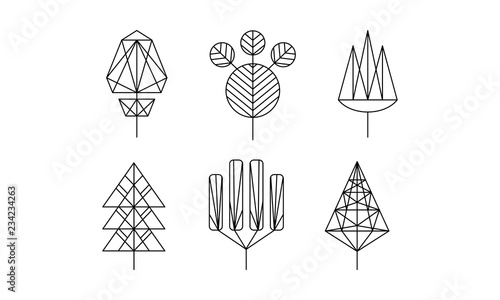Geometrical trees set, monochrome polygonal plants vector Illustration on a white background