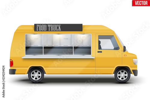 Modern Food Truck. Fast food van with window and signboard. Yellow color. Editable Vector illustration Isolated on white background.