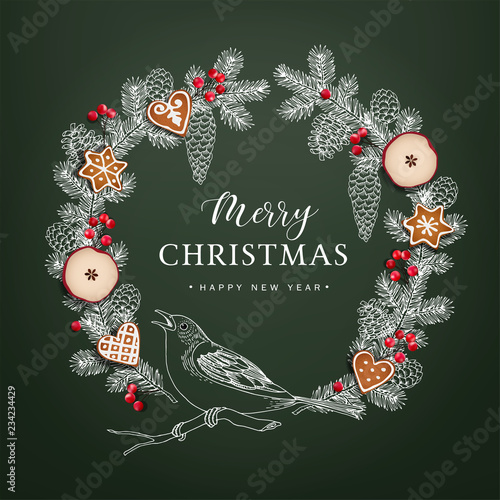 Bird on Christmas wreath made of hand drawn fir, spruce branches, pine cones, red berries, dried apple fruit and gingerbread cookies. Realistic vector object on green chalkboard background. Vintage