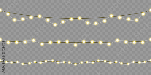 Christmas lights seamless design. Vector isolated Xmas, birthday or festival celebration lamp lights on transparent background for greeting card template