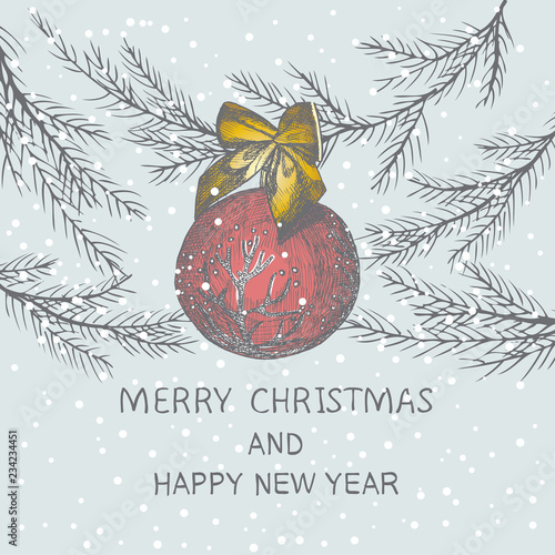 Christmas hand drawn fir tree for Christmas design. With ball and bow. Holiday invitation design.
