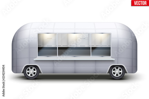 Vintage Food Truck. Fast food retro van with window. Yellow and blue color. Editable Vector illustration Isolated on white background.