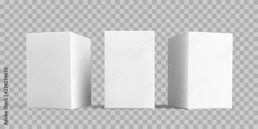 White box package mock-up set. Vector isolated 3D white carton cardboard or paper package boxes models templates on transparent background - obrazy, fototapety, plakaty 