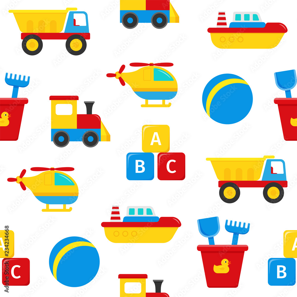 Seamless pattern with baby toys. Vector. Cute background with truck, boat, cubes. Cartoon colorful illustration for baby shower party, invitation template, textile, scrapbook, cards in flat design. Seamless pattern with baby toys. Vector. Cute background with truck, boat, cubes. Cartoon colorful illustration for baby shower party, invitation template, textile, scrapbook, cards in flat design.