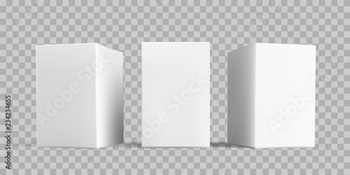 White box package mock-up set. Vector isolated 3D white carton cardboard or paper package boxes models templates on transparent background