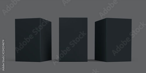Black box package mock-up set. Vector black carton cardboard or paper package boxes, isolated 3D models templates